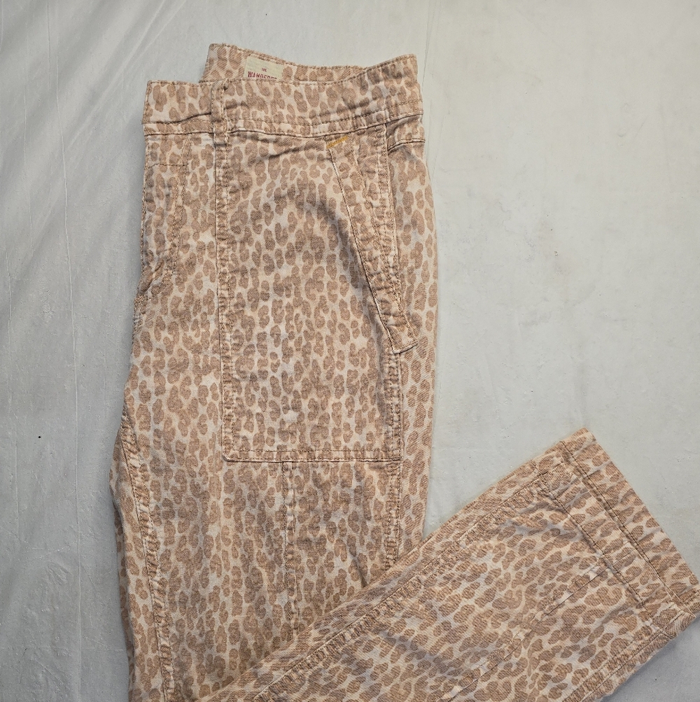 by Anthropologie The Wanderer Muted Leopard Crop Pants Beige Cotton Linen Cargo